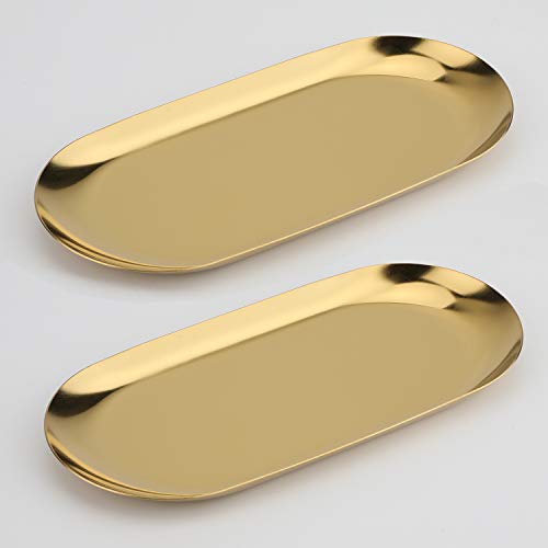 Fermus Stainless Steel Decorative Tray, Set of 2, 9 Inch Long, Jewelry Dish Cosmetics Organizer Bathroom Clutter Serving Platter Small Storage Tray, Oval, Gold - Image 1