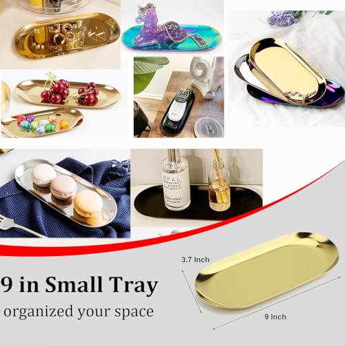 Fermus Stainless Steel Decorative Tray, Set of 2, 9 Inch Long, Jewelry Dish Cosmetics Organizer Bathroom Clutter Serving Platter Small Storage Tray, Oval, Gold - Image 2