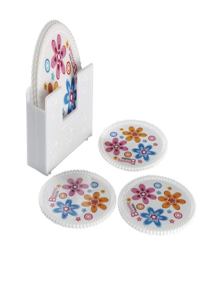 aaKaR - Tea Style Coaster - Round Multi Coloured Printed Coaster with Stand - Set of 6 - Image 1