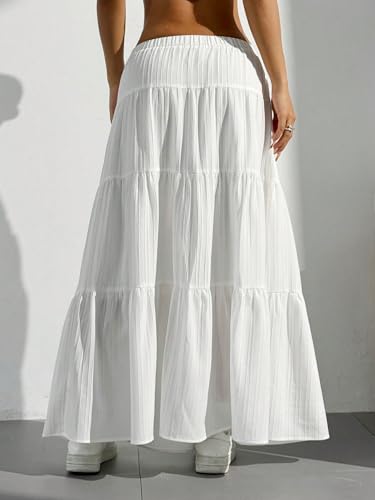 Verdusa Women's Boho Skirt Flowy Flared Ruffle Summer Long Maxi Skirts Going Out Outfits White Small - Image 2
