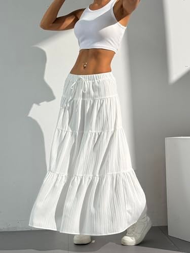 Verdusa Women's Boho Skirt Flowy Flared Ruffle Summer Long Maxi Skirts Going Out Outfits White Small - Image 4