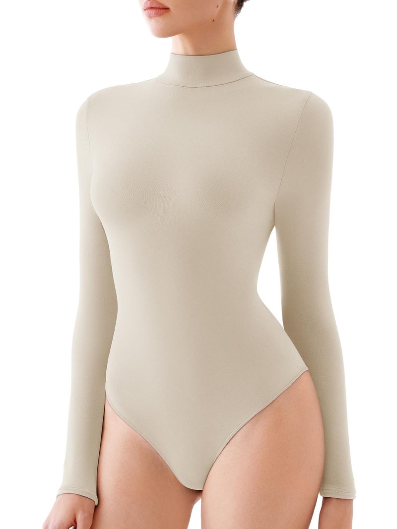 REORIA Women's Long Sleeve Bodysuits Mock Turtleneck Slim Tight Double Lined Basic Layering Body Suits Tops Fall Winter Outfits 2025(Nude Cream X-Large) - Image 1