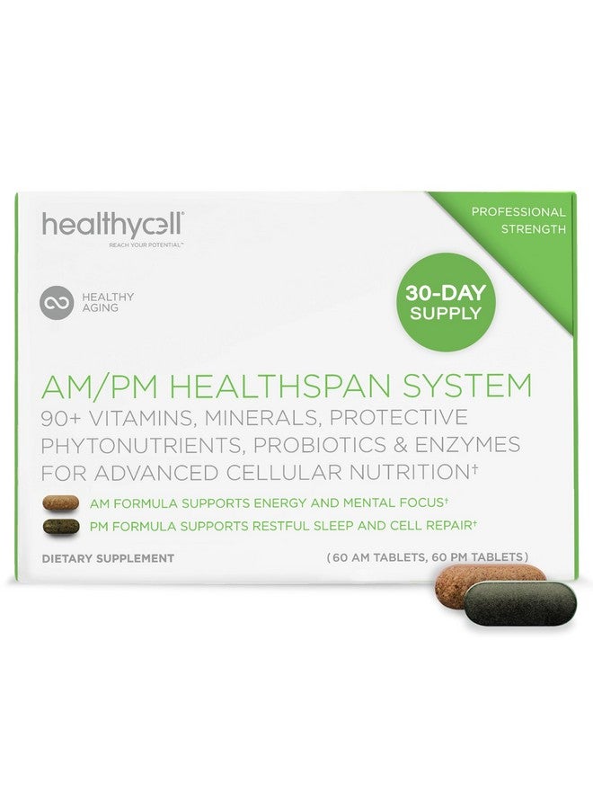 Healthycell HealhtyCell AM/PM Healthspan System - 90+ Vitamins, Minerals, Protective Phytonutrients, Probiotics & Enzymes for Advanced Cellular Nutrition - 60 AM Tablets & 60 PM Tablets - Image 1