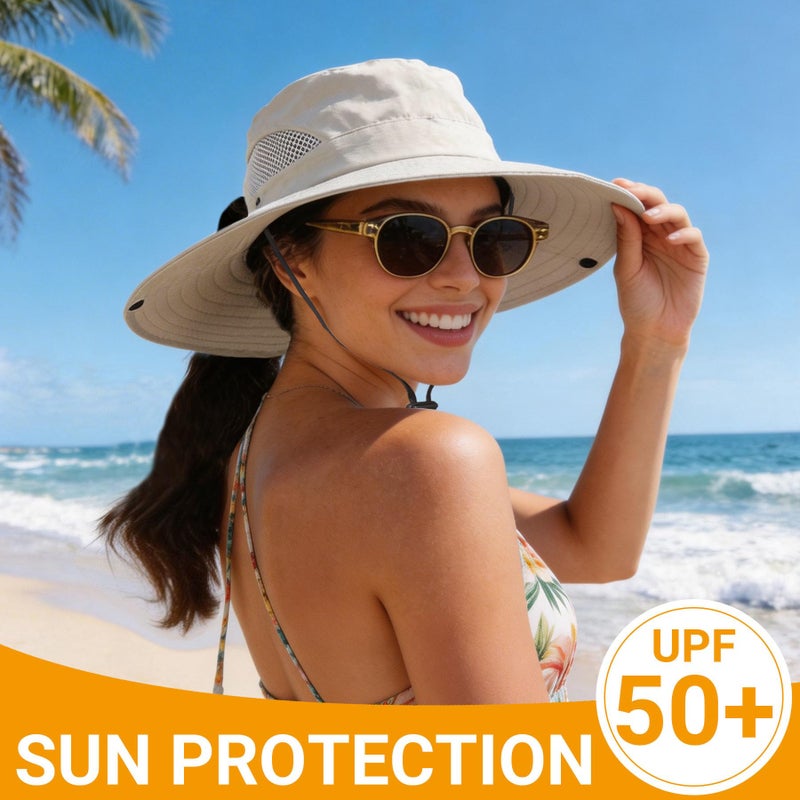 PFFY Sun Beach Hats for Women Men UV Protection Wide Brim Foldable Fishing Sun Bucket Hat Outdoor Essentials Beige (Ponytail) - Image 2