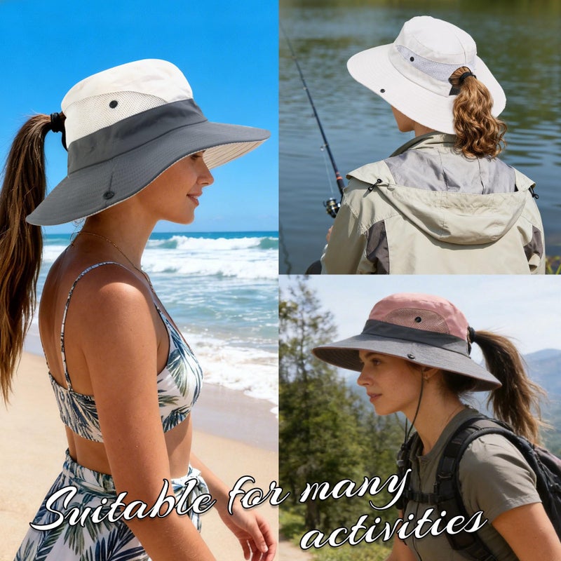 PFFY Sun Beach Hats for Women Men UV Protection Wide Brim Foldable Fishing Sun Bucket Hat Outdoor Essentials Beige (Ponytail) - Image 4