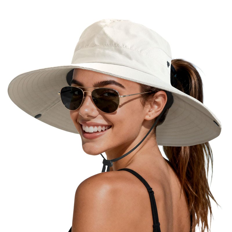 PFFY Sun Beach Hats for Women Men UV Protection Wide Brim Foldable Fishing Sun Bucket Hat Outdoor Essentials Beige (Ponytail) - Image 1
