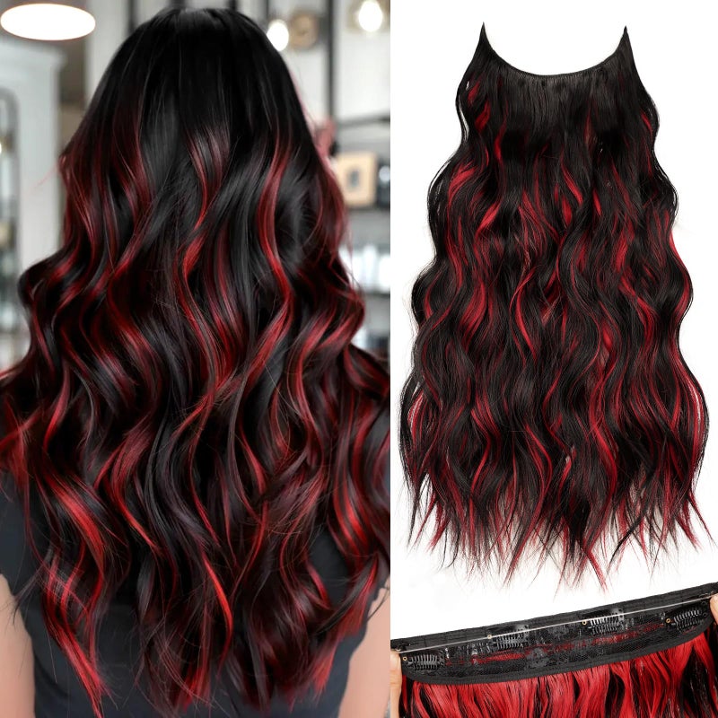KooKaStyle Invisible Wire Hair Extensions with Transparent Headband Adjustable Size 4 Secure Clips Long Wavy Highlight Hairpiece 20 Inch Black and Red Streaks for Women - Image 2