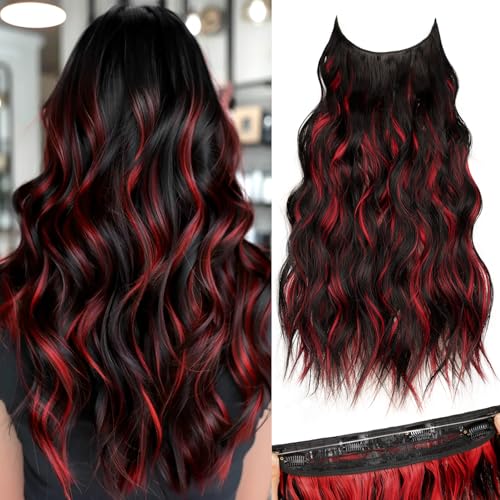 KooKaStyle Invisible Wire Hair Extensions with Transparent Headband Adjustable Size 4 Secure Clips Long Wavy Highlight Hairpiece 20 Inch Black and Red Streaks for Women - Image 1