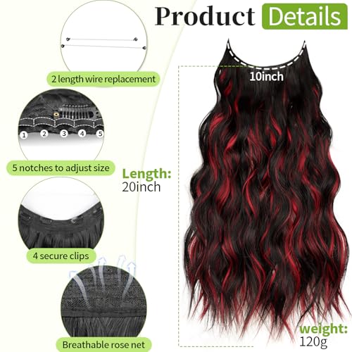 KooKaStyle Invisible Wire Hair Extensions with Transparent Headband Adjustable Size 4 Secure Clips Long Wavy Highlight Hairpiece 20 Inch Black and Red Streaks for Women - Image 3