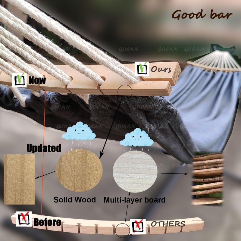 GOCAN Double Hammock 2 Person Extra Large 220x150cm Total Length 330cm Load 500lb Canvas Cotton Hammock for Patio Porch Garden Backyard Lounging Outdoor and Indoor with Removable Spreader bar - Image 5