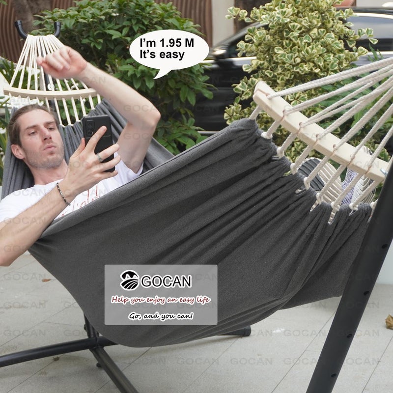 GOCAN Double Hammock 2 Person Extra Large 220x150cm Total Length 330cm Load 500lb Canvas Cotton Hammock for Patio Porch Garden Backyard Lounging Outdoor and Indoor with Removable Spreader bar - Image 3