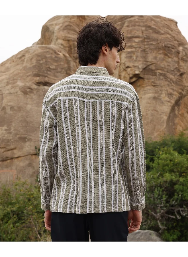 Campus Sutra Men's Brown & Off-White Utility Halo-Stripe Oversized Shirt For Casual Wear | Spread Collar | Long Sleeve | Button Closure | Oversized Shirt Crafted With Comfort Fit For Everyday Wear