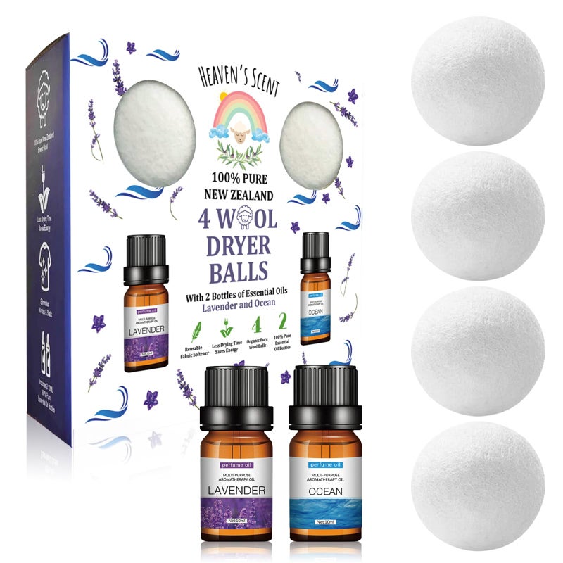Heaven's Scent Wool Dryer Balls w/Essential Oils Bundle - Reusable, Organic, Handmade & Hypoallergenic XL Size | Eco-Friendly, Natural Fabric Softener | Ocean & Lavender Oil, White - Image 1