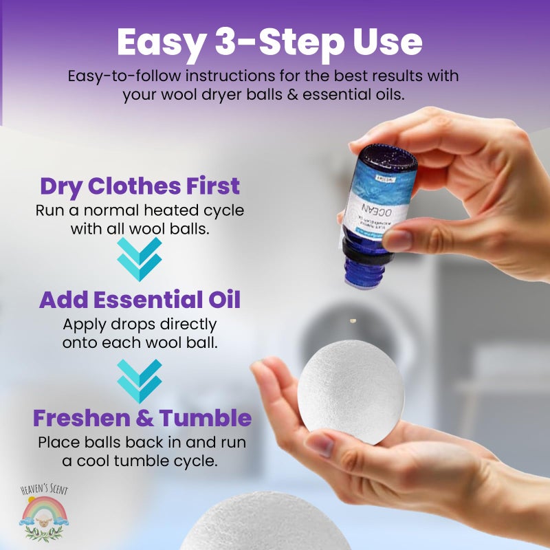 Heaven's Scent Wool Dryer Balls w/Essential Oils Bundle - Reusable, Organic, Handmade & Hypoallergenic XL Size | Eco-Friendly, Natural Fabric Softener | Ocean & Lavender Oil, White - Image 4