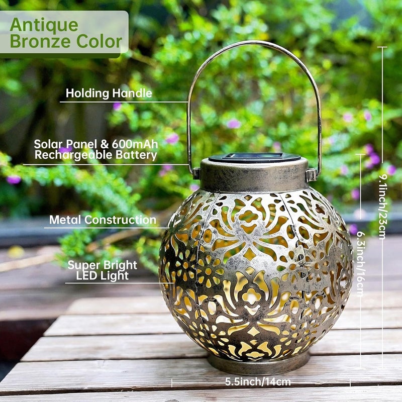 EXCMARK 2 Pack Outdoor Solar Hanging Lantern Lights Metal LED Decorative Lamp for Garden Patio Courtyard Lawn and Table with Hollowed-Out Design (Antique Bronze) - Image 2
