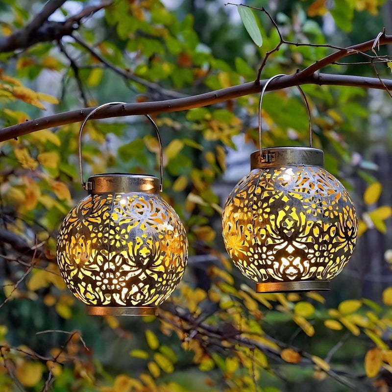 EXCMARK 2 Pack Outdoor Solar Hanging Lantern Lights Metal LED Decorative Lamp for Garden Patio Courtyard Lawn and Table with Hollowed-Out Design (Antique Bronze) - Image 5