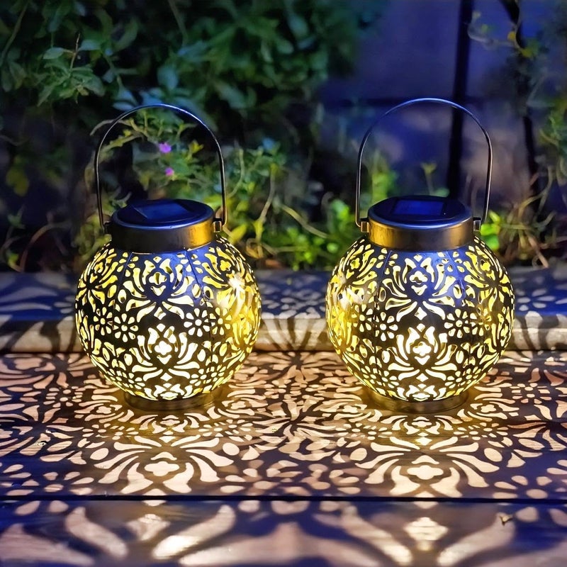 EXCMARK 2 Pack Outdoor Solar Hanging Lantern Lights Metal LED Decorative Lamp for Garden Patio Courtyard Lawn and Table with Hollowed-Out Design (Antique Bronze) - Image 3