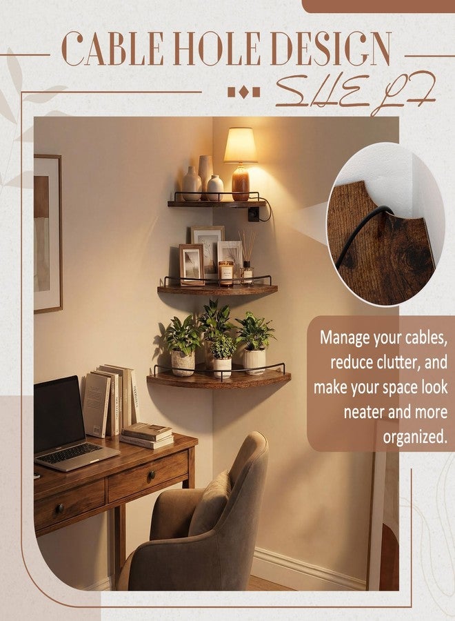 Novabright Corner Floating Shelf Set of 3 Rustic Brown Wood 9/10/12 in Corner Shelves Wall Mounted with Guardrail & Cord Hole Hanging Storage Display Shelves for Bedroom Kitchen Living Room Bathroom - Image 3