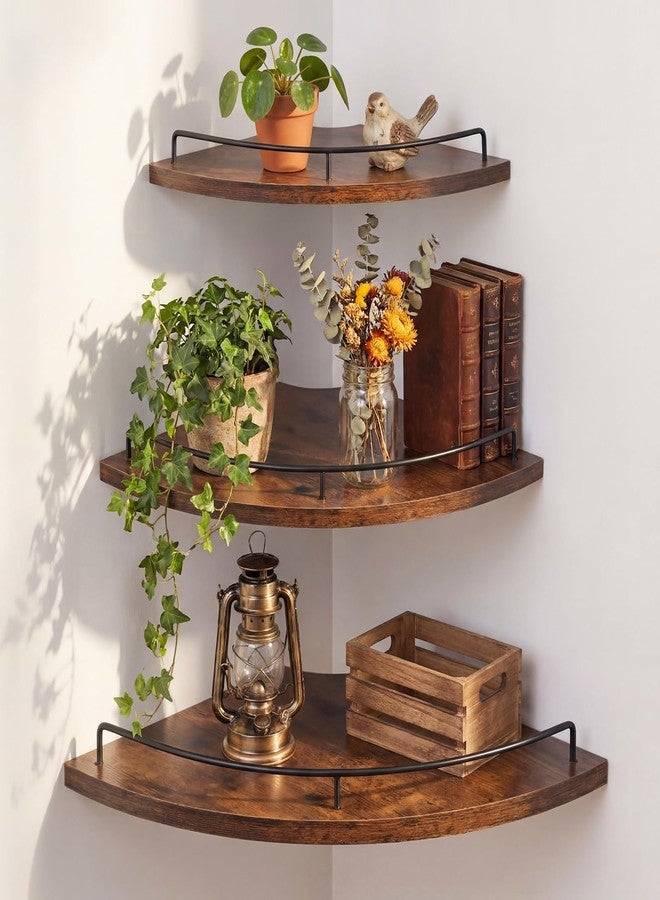 Novabright Corner Floating Shelf Set of 3 Rustic Brown Wood 9/10/12 in Corner Shelves Wall Mounted with Guardrail & Cord Hole Hanging Storage Display Shelves for Bedroom Kitchen Living Room Bathroom - Image 1