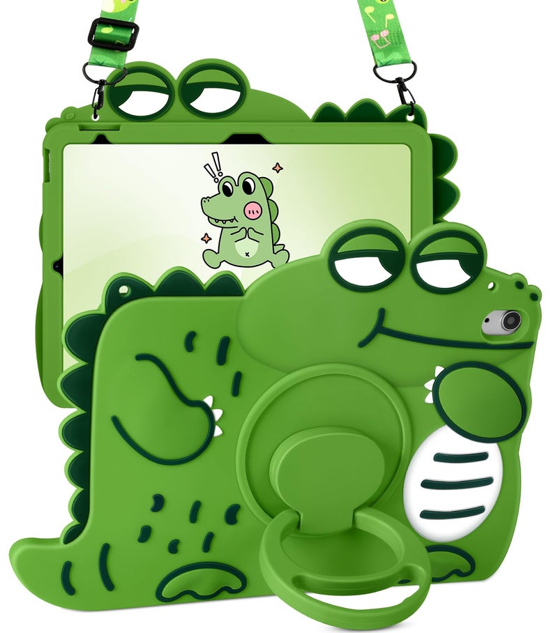 Wazzasoft for iPad 10th Generation Case 10.9 Inch Girls Cute Girls Boys Kawaii Cover Girly 3D Cartoon Women with Rotating Handle Stand & Strap Soft Silicon Green Funda for Apple iPad 10th Gen Cases - Image 1