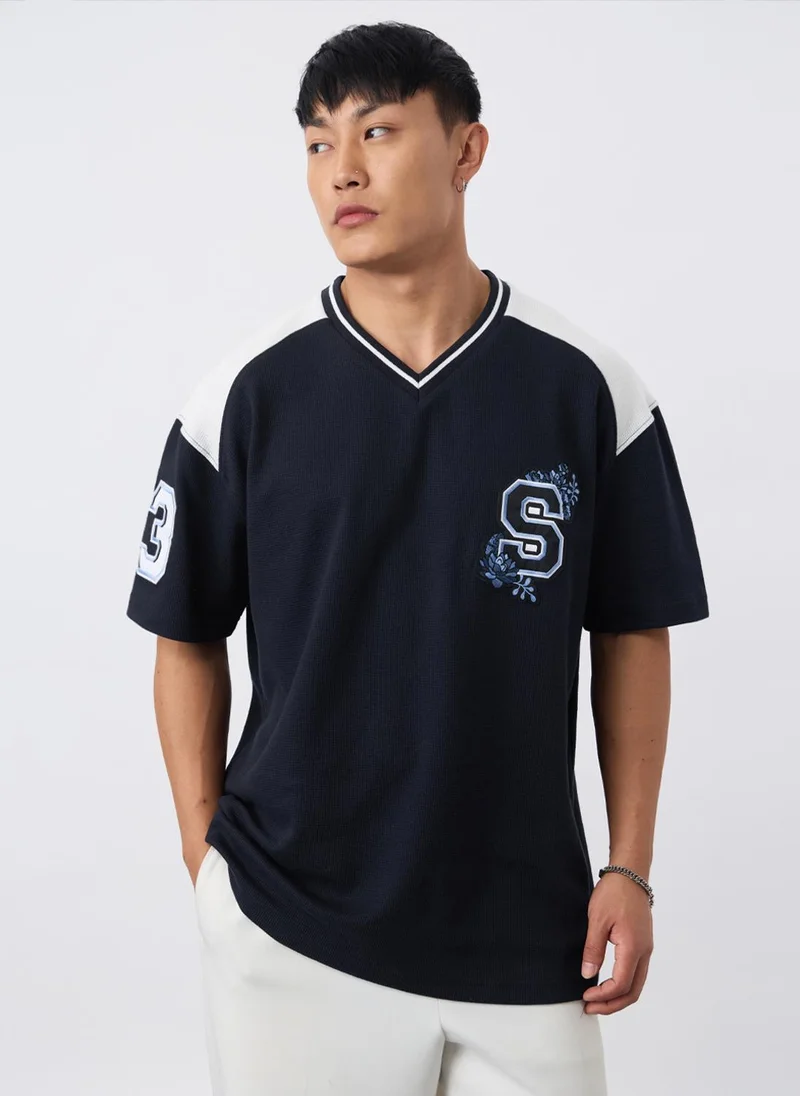The Souled Store Originals: Soul Vibe Men and Boys Half Sleeves V-Neck Typography Embroidered Cotton Oversized Fit Lightweight All-Season Casual T-Shirt