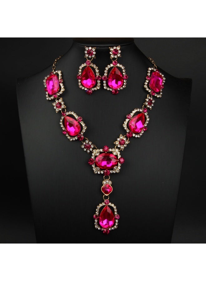 NIBEMINENT Vintage Large Glass Crystal Necklace and Earrings Set