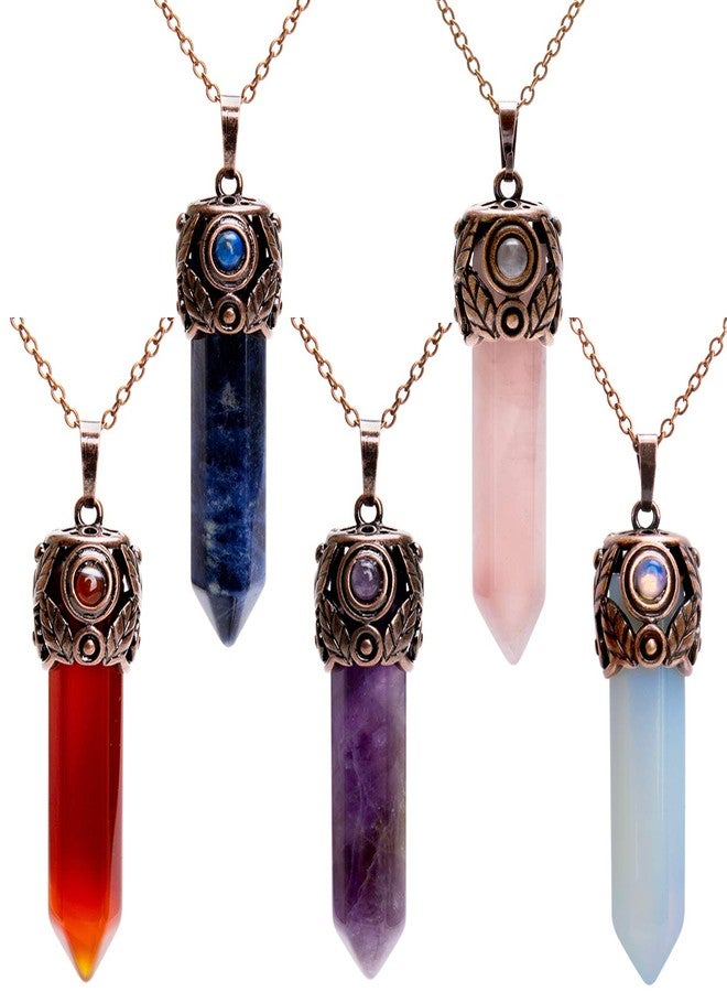 Bivei Retro Antique Brass Chakra Necklace Hexagonal Prism Gemstone Quartz Crystal Stone Healing Pendant (Pack of 5) - Image 1