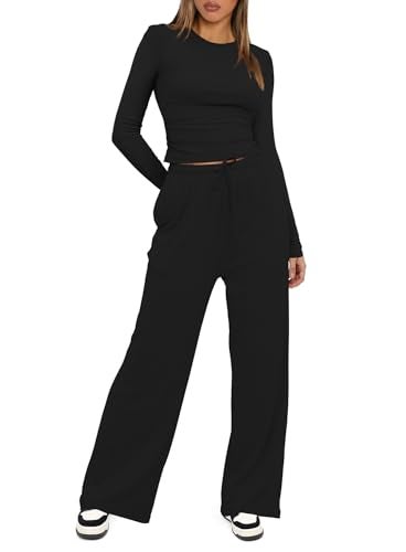 Darong Women's 2 Piece Sets Fall Outfits Long Sleeve Wide Leg Tracksuits Casual Sweat Sets Lounge Set 9065B Black L - Image 3