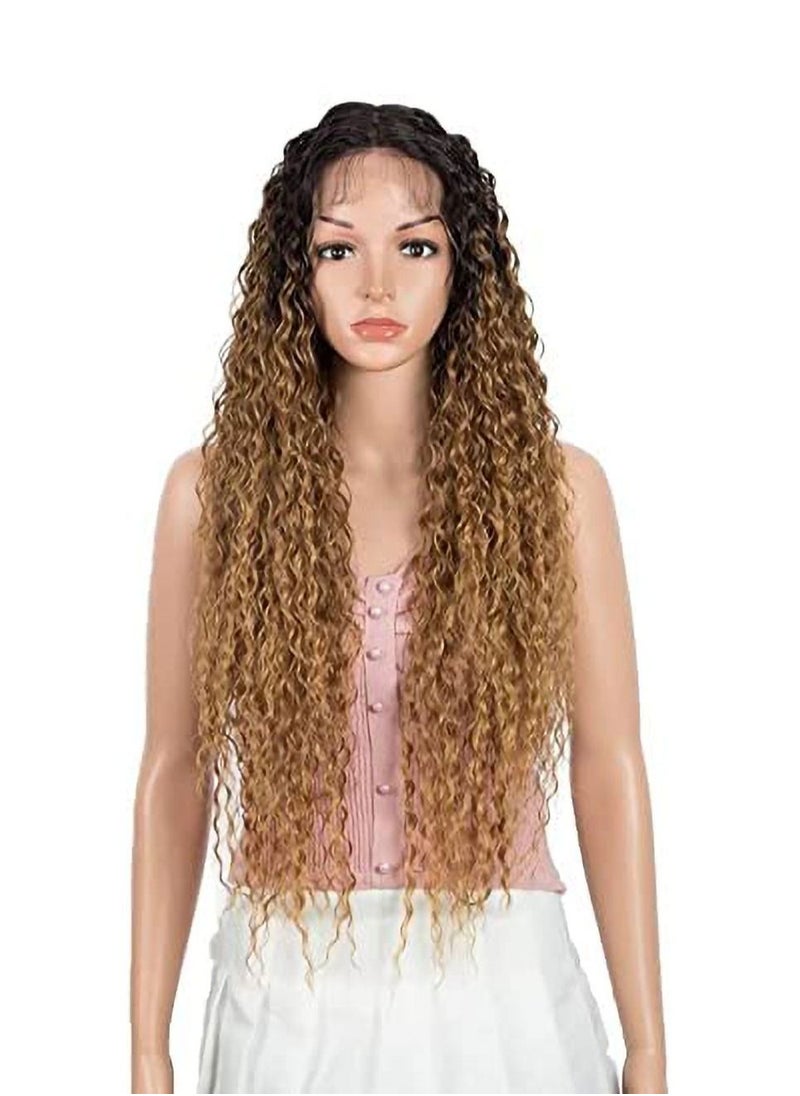 Estelle Long Curly Lace Front Wigs with 13"x2.5" Simulated Scalp Wig Heat Resistant Synthetic Wigs For Women 130% Density (Curly, Ombre Honey Color)  - Image 1