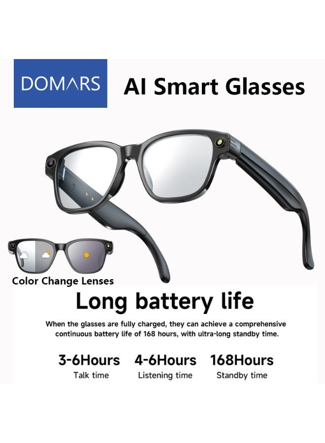 Domars AI Smart Glasses with Camera and Audio, 800W HD Camera Glasses for Men/Women with Speakers/Bluetooth 5.4 & Languages Translation Sports/Travel/Drive/Meetings (Color Change Lenses) - Image 1