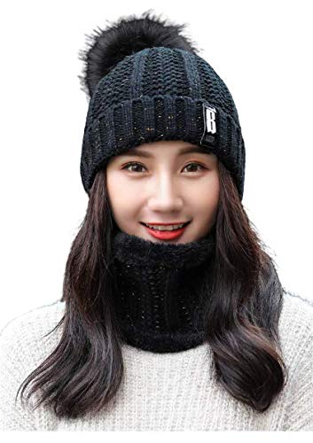 Krystle Winter Soft Warm Snow Proof Pom Pom Cap (Inside Fur) Woolen Beanie Cap with Scarf for Women's & Girl's (Black,Freesize)-(Pack of 02) - Image 1