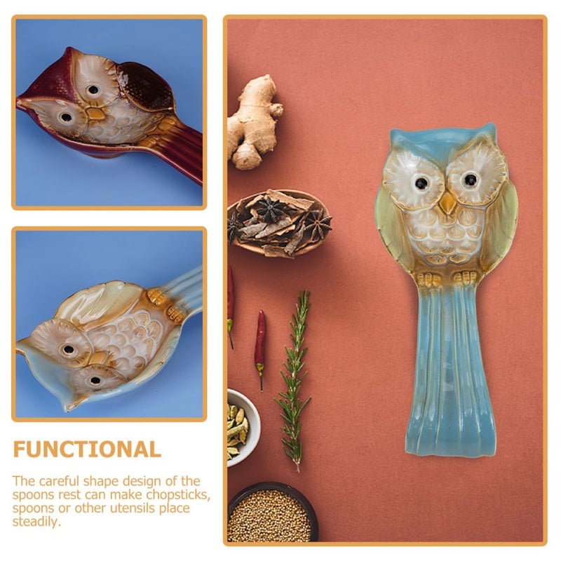 Owl Shaped Ceramic Spoon Rest Set Vintage Red Blue Kitchen Countertop Holder - Image 5