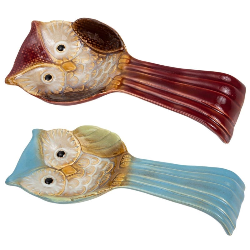 Owl Shaped Ceramic Spoon Rest Set Vintage Red Blue Kitchen Countertop Holder - Image 2