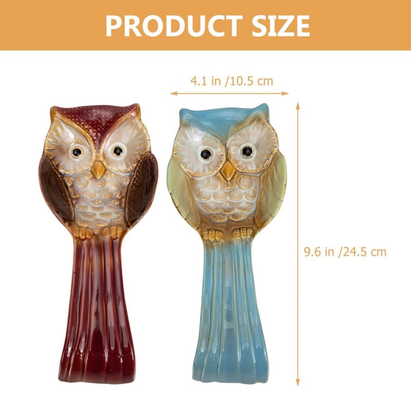 Owl Shaped Ceramic Spoon Rest Set Vintage Red Blue Kitchen Countertop Holder - Image 3