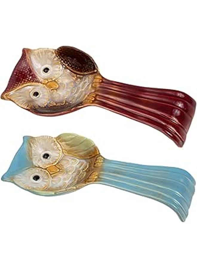 Owl Shaped Ceramic Spoon Rest Set Vintage Red Blue Kitchen Countertop Holder - Image 1