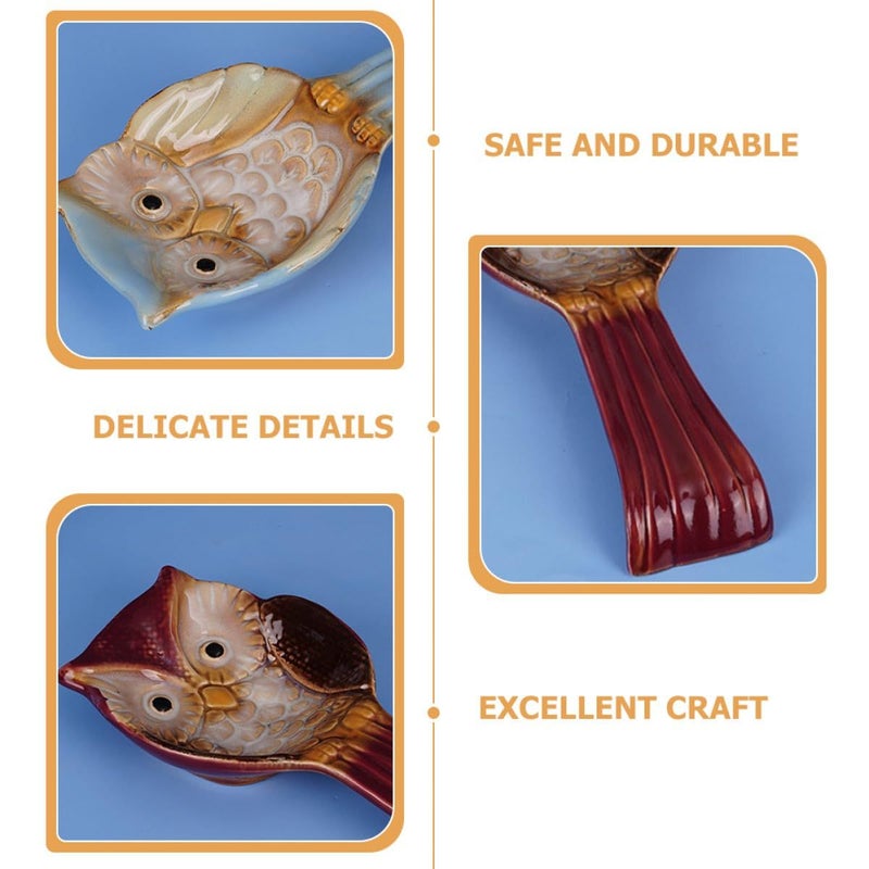 Owl Shaped Ceramic Spoon Rest Set Vintage Red Blue Kitchen Countertop Holder - Image 4