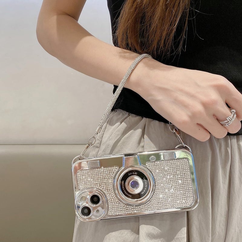 QoKcoahn Cute 3D Bling Vintage Camera Phone Case with Hand Strap - Unique Cool Silicone TPU Shockproof Protective Case for iPhone 12 Pro - Image 3