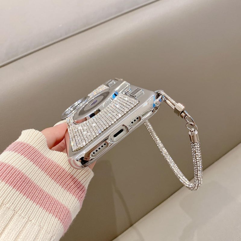 QoKcoahn Cute 3D Bling Vintage Camera Phone Case with Hand Strap - Unique Cool Silicone TPU Shockproof Protective Case for iPhone 12 Pro - Image 5