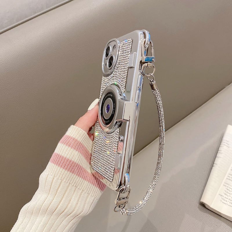 QoKcoahn Cute 3D Bling Vintage Camera Phone Case with Hand Strap - Unique Cool Silicone TPU Shockproof Protective Case for iPhone 12 Pro - Image 4