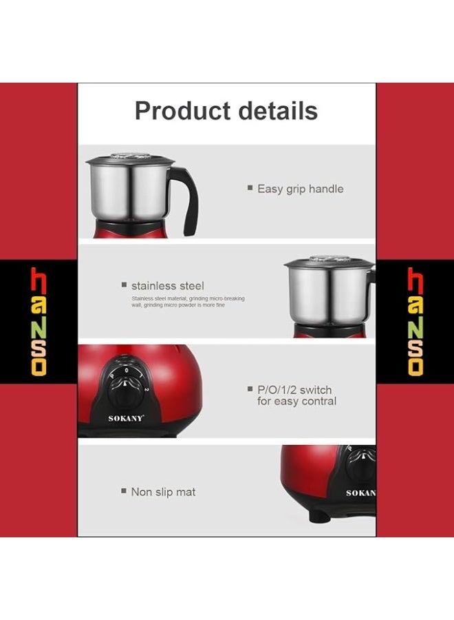 Sokany SK-165 500W Powerful Motor Coffee Grinder, 500ml Stainless Steel Transparent Bowl Lid, 2 Speeds for Grinding Coffee and Dry Spices, Overheat Protection with Power Off, (Red) - Image 2