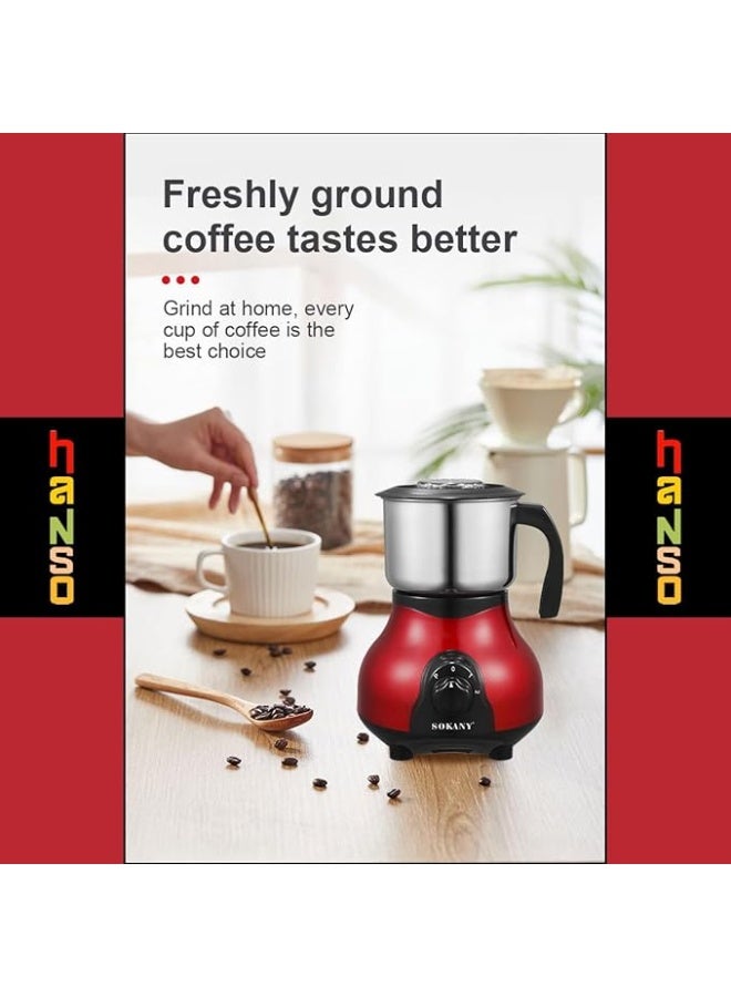 Sokany SK-165 500W Powerful Motor Coffee Grinder, 500ml Stainless Steel Transparent Bowl Lid, 2 Speeds for Grinding Coffee and Dry Spices, Overheat Protection with Power Off, (Red) - Image 4