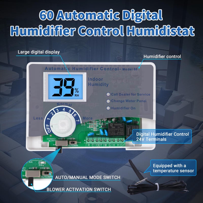 Fenglesha 60 Humidifier Control Humidistat with Outdoor Temperature Sensor compatible with AprilAire 400 500 600 700 Series Whole Home Dehumidifiers Replacement for AprilAire 60, 24VAC Digital Wall Mount - Image 3