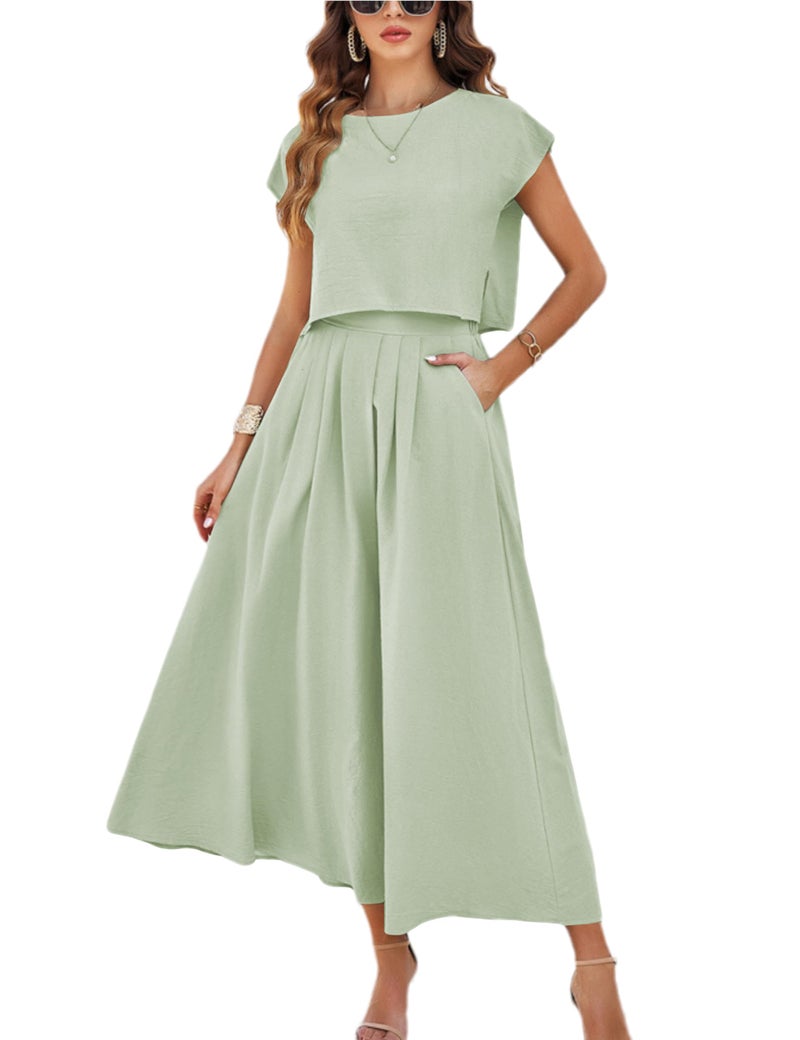 HangNiFang Summer Skirt Sets Women 2 Piece Outfits Cap Sleeve Top Elastic Waist Maxi Dress Sets with Pockets(1218-LightGreen-L) - Image 1