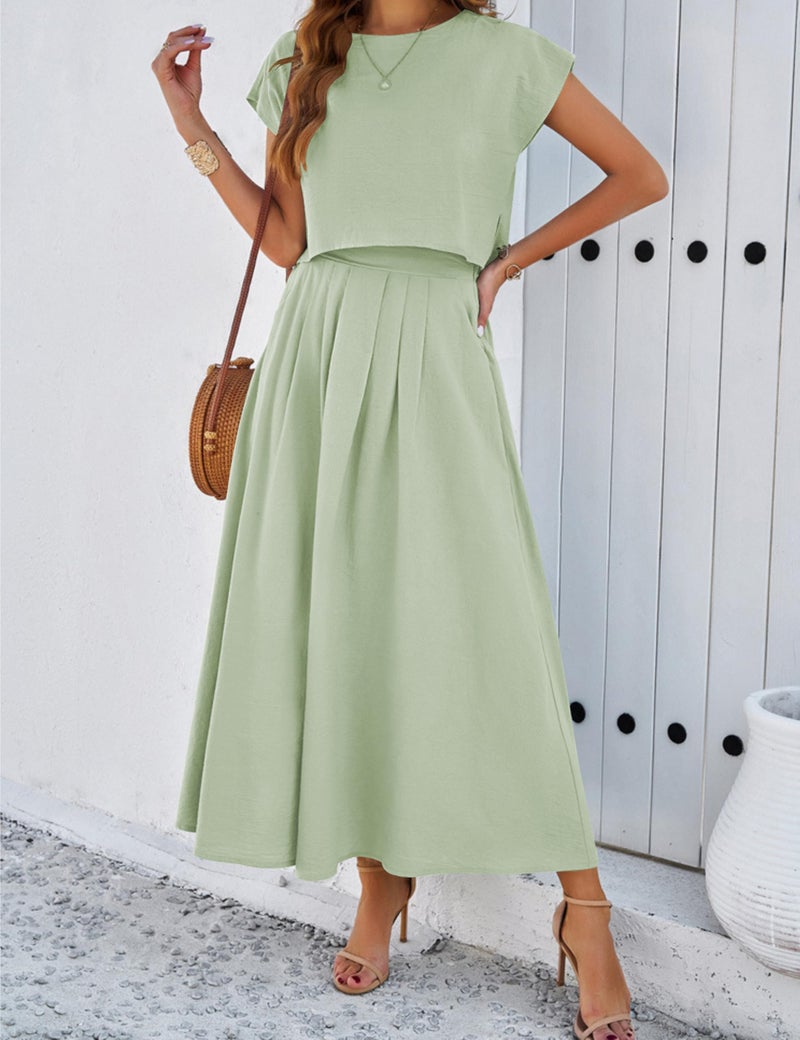 HangNiFang Summer Skirt Sets Women 2 Piece Outfits Cap Sleeve Top Elastic Waist Maxi Dress Sets with Pockets(1218-LightGreen-L) - Image 3