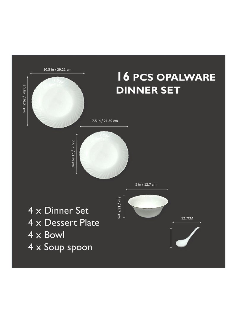 Houzi 16 Pcs Gold rim Opal ware Dinner set 4 x Dinner plate 4 x Dessert plate 4 x Bowl 4 x Soup spoon - Image 5