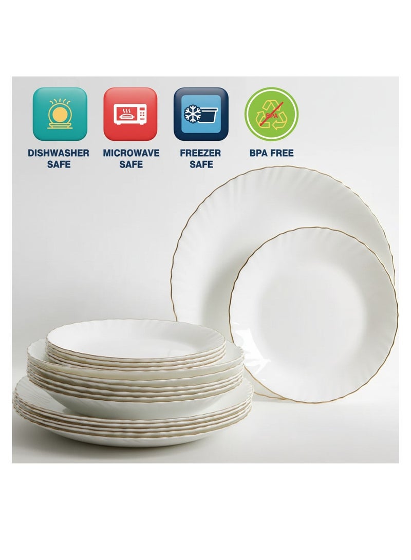 Houzi 16 Pcs Gold rim Opal ware Dinner set 4 x Dinner plate 4 x Dessert plate 4 x Bowl 4 x Soup spoon - Image 2