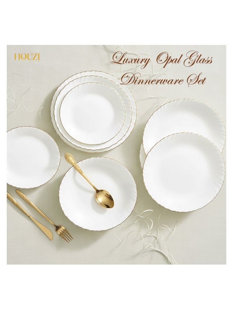 Houzi 16 Pcs Gold rim Opal ware Dinner set 4 x Dinner plate 4 x Dessert plate 4 x Bowl 4 x Soup spoon - Image 4