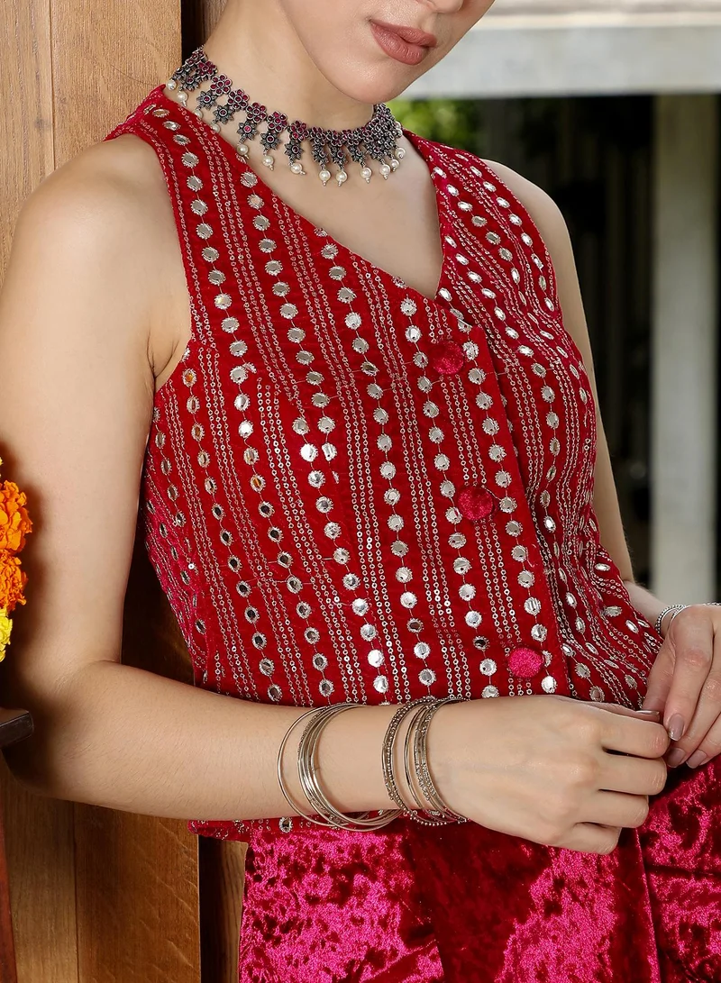 QISSA Women's Velvet-Gleam Co-Ord Set For Ethnic Wear | V-Neck, Sleeveless | Solid Embroidered Woven Fabric | 2 Piece Co-Ords Designed For Evening & Party Wear | Raspberry Pink