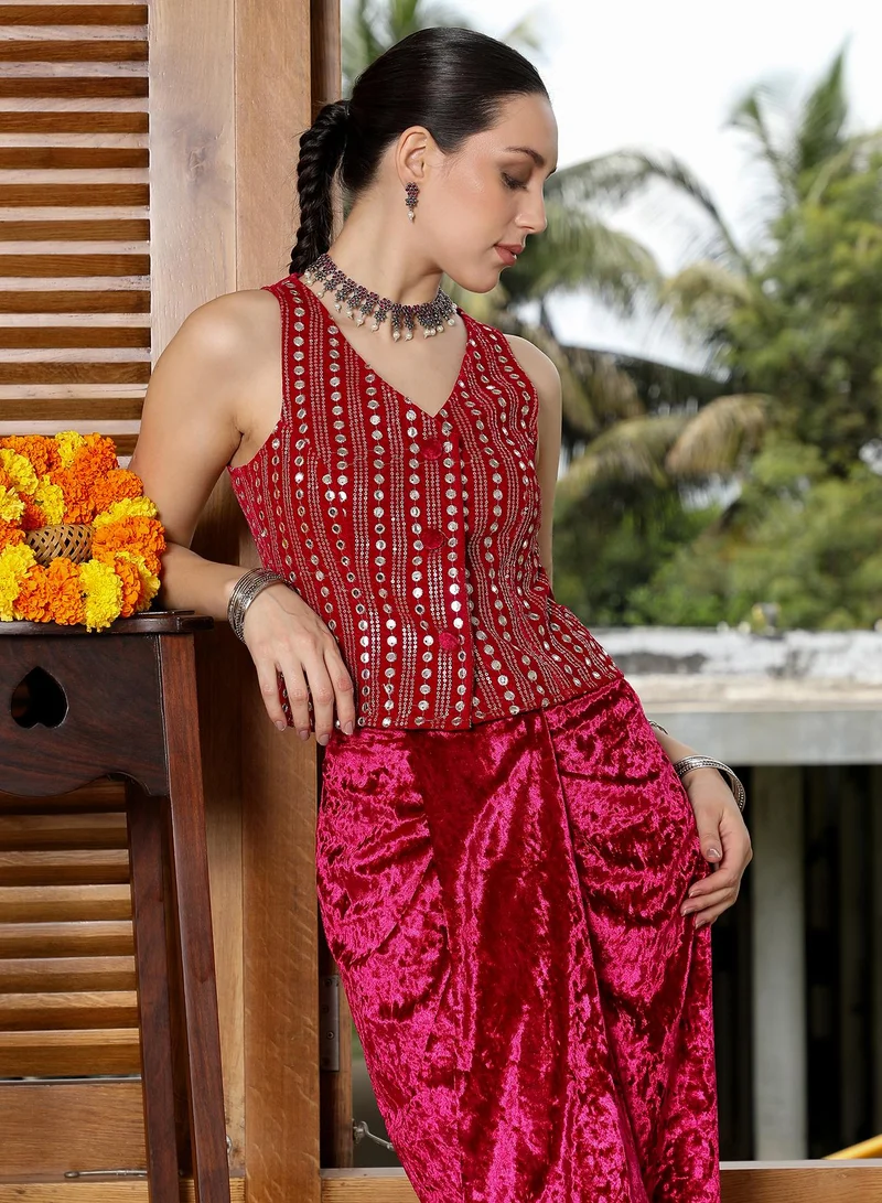 QISSA Women's Velvet-Gleam Co-Ord Set For Ethnic Wear | V-Neck, Sleeveless | Solid Embroidered Woven Fabric | 2 Piece Co-Ords Designed For Evening & Party Wear | Raspberry Pink