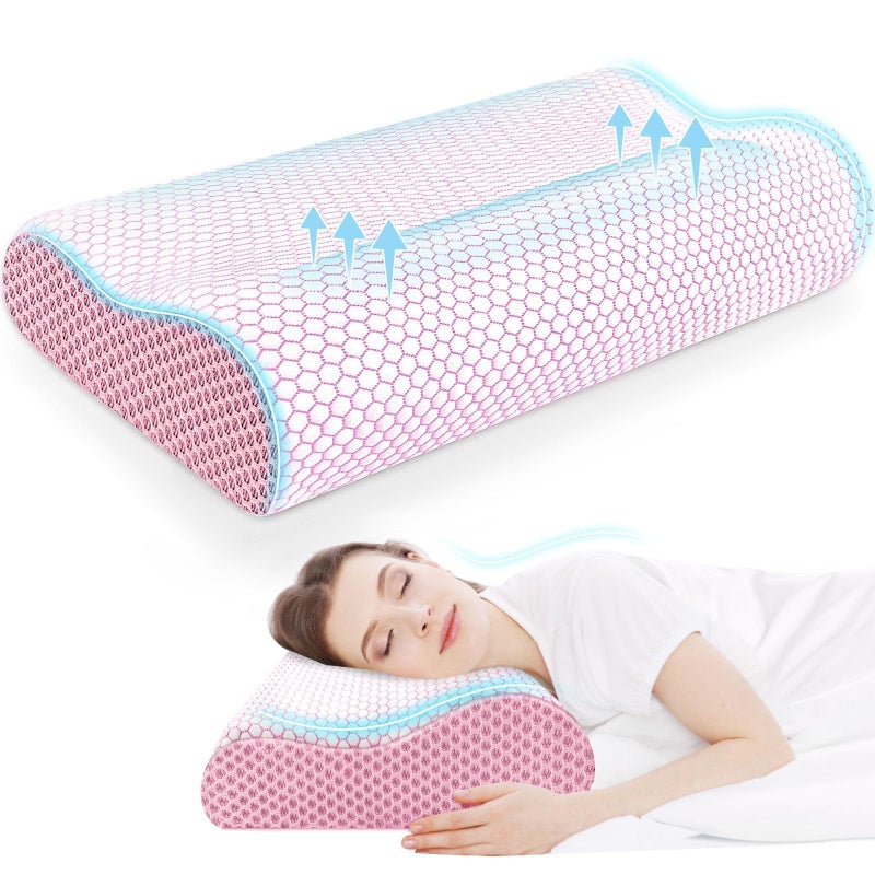 CloudBliss Memory Foam Pillow Ergonomic Neck Contour Cervical Pillow for Back and Shoulder Pain Orthopedic Pillow for Neck Pain Relief for Sleeping Side Back Stomach Sleepers Pink Standard